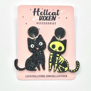 Retro Glitter Black and Green Skeleton Kitty Cat Acrylic Dangling Stud Earrings